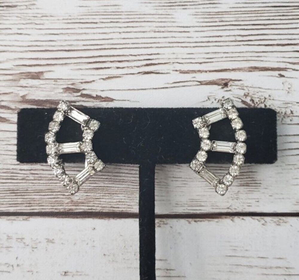 Vintage Clip On Earrings Silver Tone with Clear Gem Unusual Design